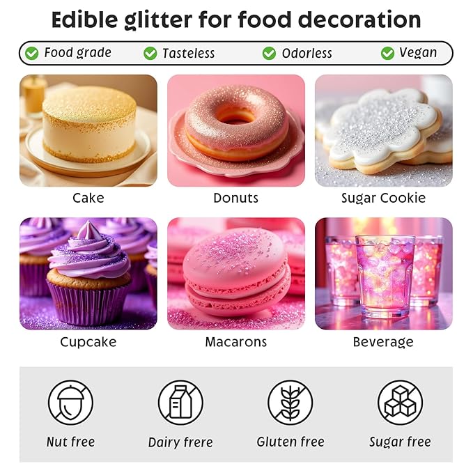 Edible Glitter Spray,Food Grade 5g Edible Glitter for Cake Decorating Desserts, Beverages, Cupcakes, Cake Pops and Cookies - White