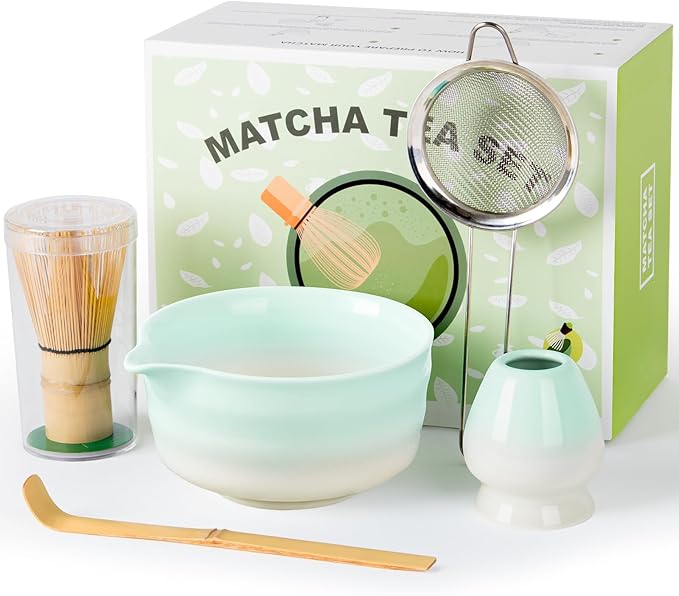 Matcha Whisk Set,Ceramic Matcha Kit Set Includes Bowl with Spout, Whisk,Holder,Bamboo Scoop and Sifter,5 pcs Matcha Tea Kit for Matcha Lovers, Ideal Gift Christmas, Birthday (Green gradient)