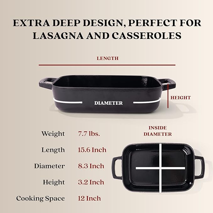 Alva Nori Enameled Cast Iron Roasting Pan 12x8" – Made With No PFAS/PTFE/PFOA, Oven & Induction Safe – 3-Layer Enamel, No Seasoning Needed – Durable, Easy-Clean Bakeware for Healthy Cooking, Black