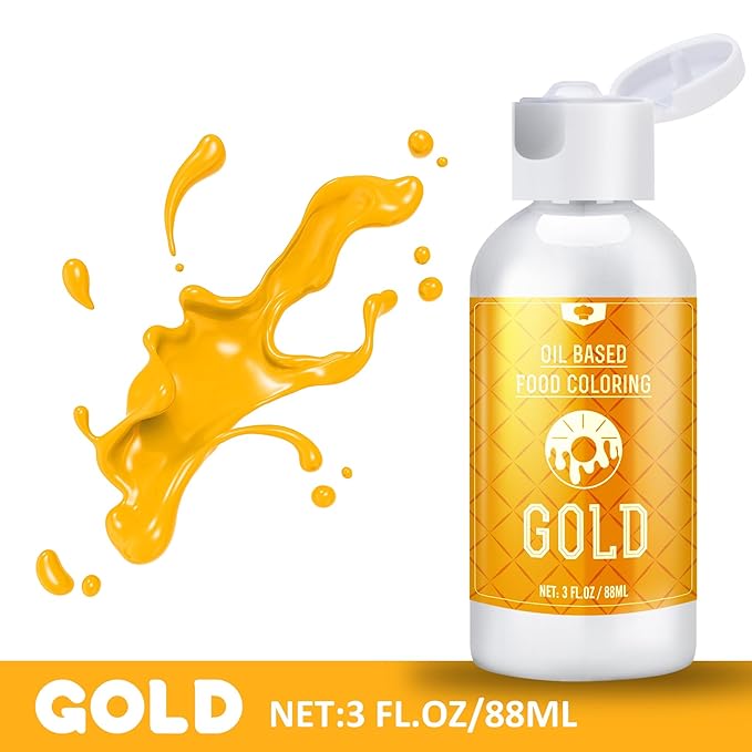 Oil Based Food Coloring for Chocolate - 88ml Vivid Fat Soluble Food Coloring for Candy Melts, Baking, Cake, Cookie - Liquid Tasteless Food Colour Dye for Butter, DIY Fondant and Macaron (Gold)