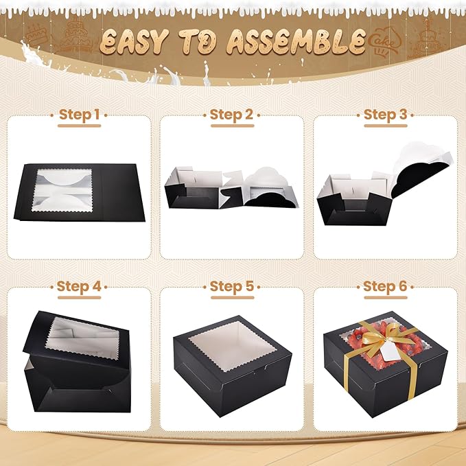 32Pcs 10 Inch Cake Boxes with Cake Boards (16Pcs Black Cake Boxes, 16Pcs Cake Boards), 10x10x5 Inch Bakery Boxes with Window, Cake Carrier Container for Birthday Party, Wedding
