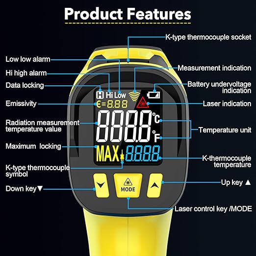Infrared Thermometer Gun,-40°F to 1472°F,Digital Laser Temperature Gun with Thermocouple Probe,Non-Contact IR Temp Gun for Cooking, Pizza Oven, HVAC, Engine, Griddle, Adjustable Emissivity&MAX