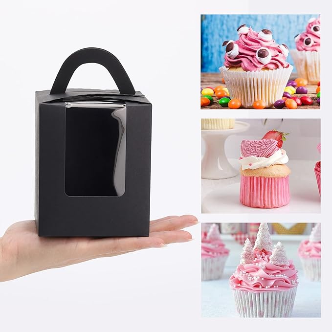 acDesign 100Pcs Cupcake Boxes With Window 3.6in*3.6in*4.3in Single Individual Cupcake Boxes With Handle and Inserts for Wedding Birthday Party Treats Gift,Black