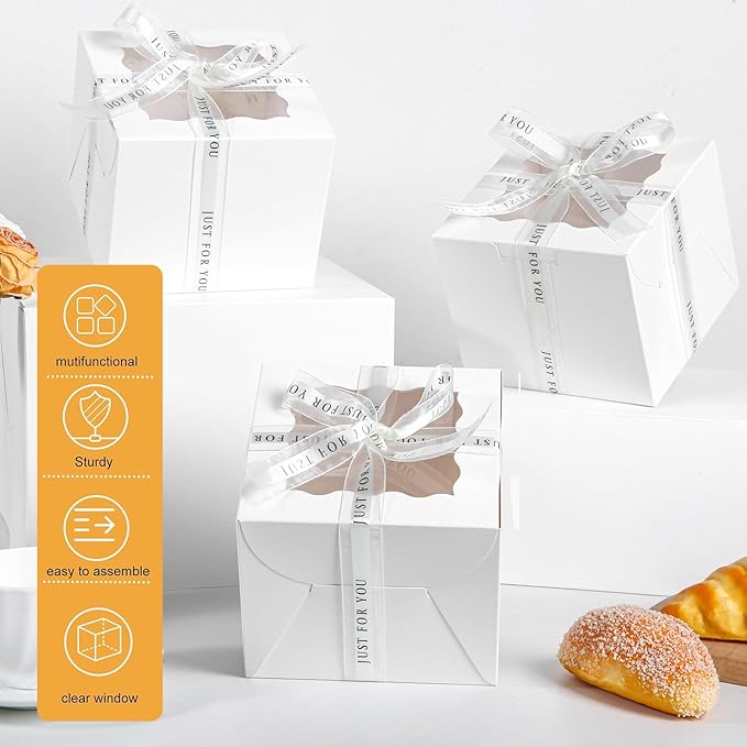 JCD 48pcs Bakery Boxes with Window,6x6x5in Small Bento Cake Box, Mini Cake Boxes sets cake within 6'' (24 Boxes & 24 Boards), Package for Pastries, Cupcakes, Birthday, Wedding(6 * 6 * 5inch/24sets)