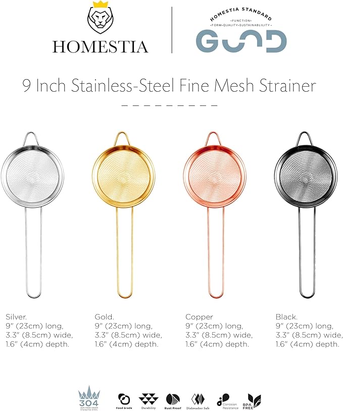 Homestia Fine Mesh Strainer for Kitchen, 304 Stainless Steel Sieve Sifters Cocktail Strainer for Food, Tea, Oil, Noodles, Coffee, Juice, Flour, Fruits, Vegetables - Easy to Clean Drink Strainer (Gold)
