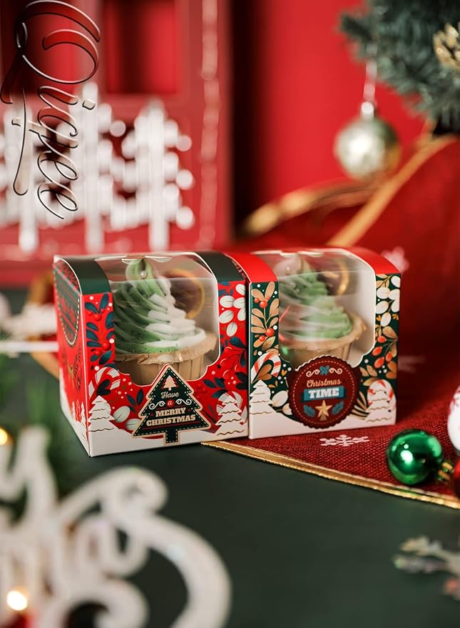 qiqee Christmas Cupcake Boxes 60pcs 3.5x 3.5x3.5 inch Auto-Popup Single Cupcake Container for Christmas(60 Boxes+60 Inserts)