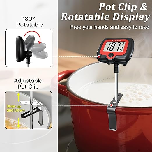 BOMATA Digital Candy Thermometer with Pot Clip, Deep Fry Oil Thermometer with Rotatable Display & Long Probe, for Candy Candle Making, Cooking, Food, Liquids, Water, Sugar.. Black