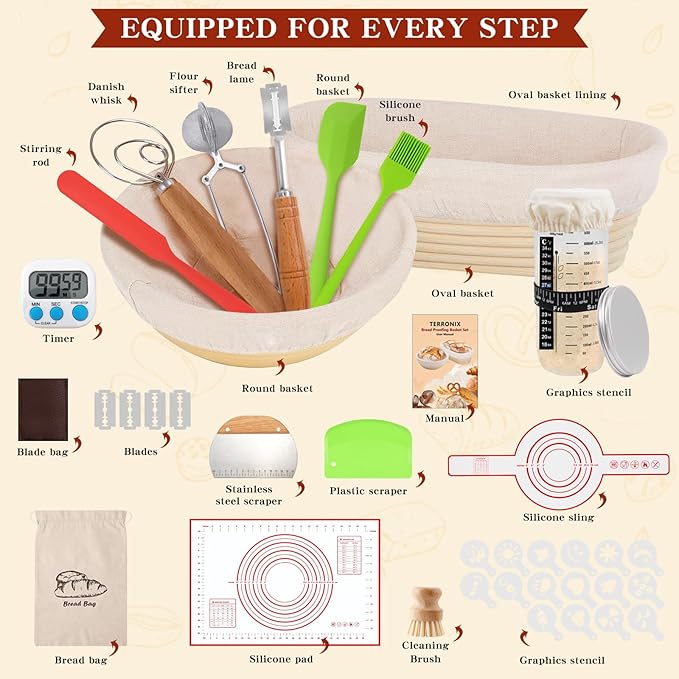 Complete Sourdough Starter Kit, 10" Oval and 9" Round Banneton Bread Proofing Basket with Glass Sourdough Starter Jar, Sourdough Bread Baking Supplies Kit Gifts for Bakers Women Wife Mom