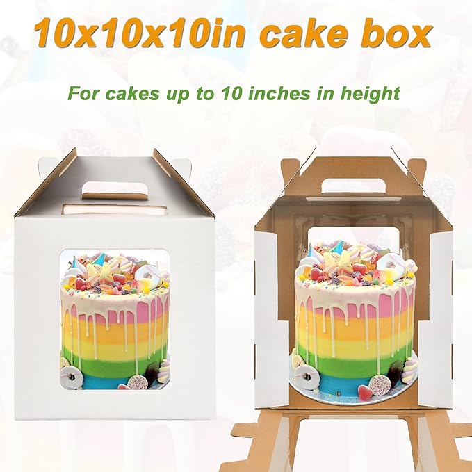 3 Pack Tall Cake Boxes for Tier Cakes,10x10x10 Inches Large Tiered Cake Carriers with Windows,8in 10in Layer Cake Box,Disposable Layer Tall Baking boxes with Handle