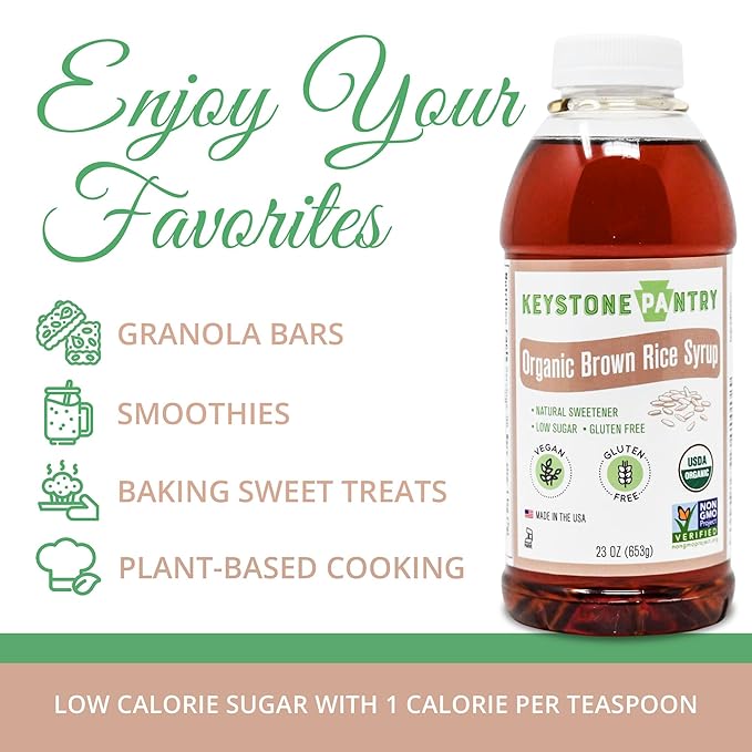 Keystone Pantry Organic Brown Rice Syrup – 23 OZ Bottle – Vegan and Gluten Free – HFC, Corn Syrup Substitute – Syrup for Baking – Great for Homemade Granola Bars – Coffee Sweetener – DE 42 – 3 BOTTLES