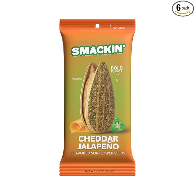 SMACKIN' Sunflower Seeds, Roasted Jumbo Small-Batch, American Made - Cheddar Jalapeño. 1.5oz bags (6 Pack)