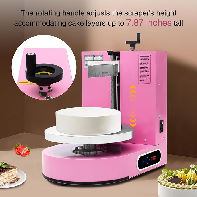 Cake Icing Machine 200W Auto Cream Spreading Machine w/LED Display, Horizontal & Vertical Spatula Adjust, Professional Cake Decorating Machine Pink Auto Frosting Turntable for 4-12 Inch Cakes