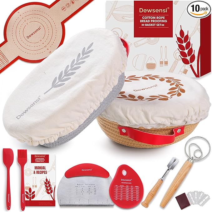 Cotton Rope Bread Proofing Basket Set, Sourdough Starter Kit with Round & Oval Banneton Baskets with Liners & Covers, Dough Whisk, Bread Lame, Dough Scraper, Sling, Sourdough Bread Baking Supplies