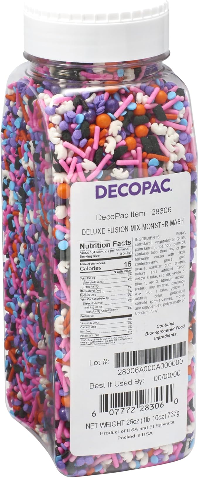 DECOPAC Monster Mash Deluxe Fusion Mix, 26oz, Fancy Candy Sprinkles in Handheld Container, Edible Sprinkles For Celebration Cakes, Cupcakes, Cookies and Donuts, Multicolored - Orange, white and black