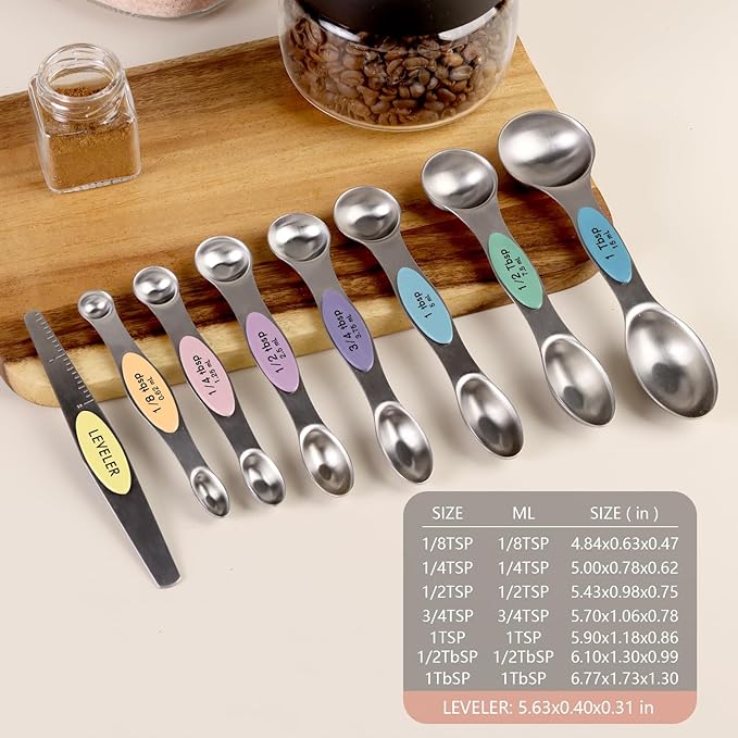 Pack of 8 Stainless Steel Magnetic Measuring Spoons Set, Dual Sided, Stackable, Adjustable Teaspoon and Tablespoon Measure Spoon with Leveler, Kitchen Gadgets