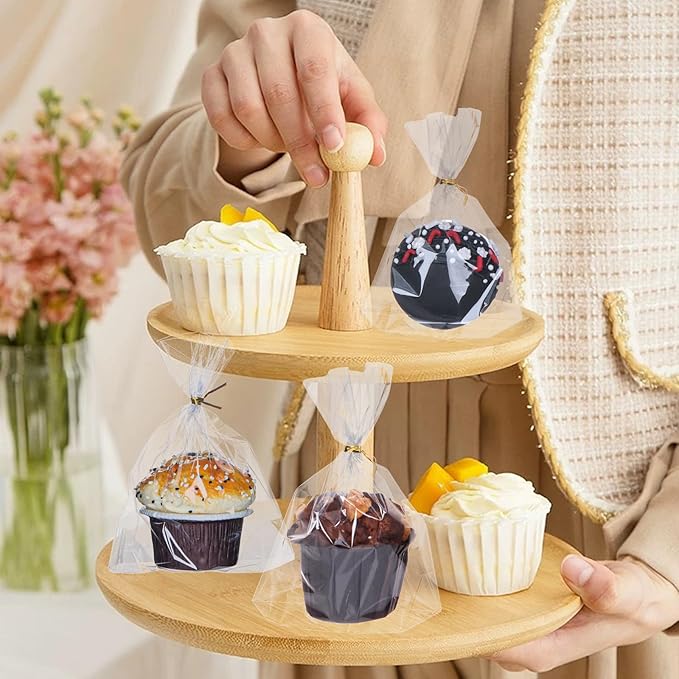 200 Pack 5"×2"x6.5" Cellophane Muffin Bags with Gold Twist Ties & Flat Bottom Food Safe Bakery Packaging for Cupcakes, Brownies, Cookies, Macarons Perfect for Party Favors & Catering