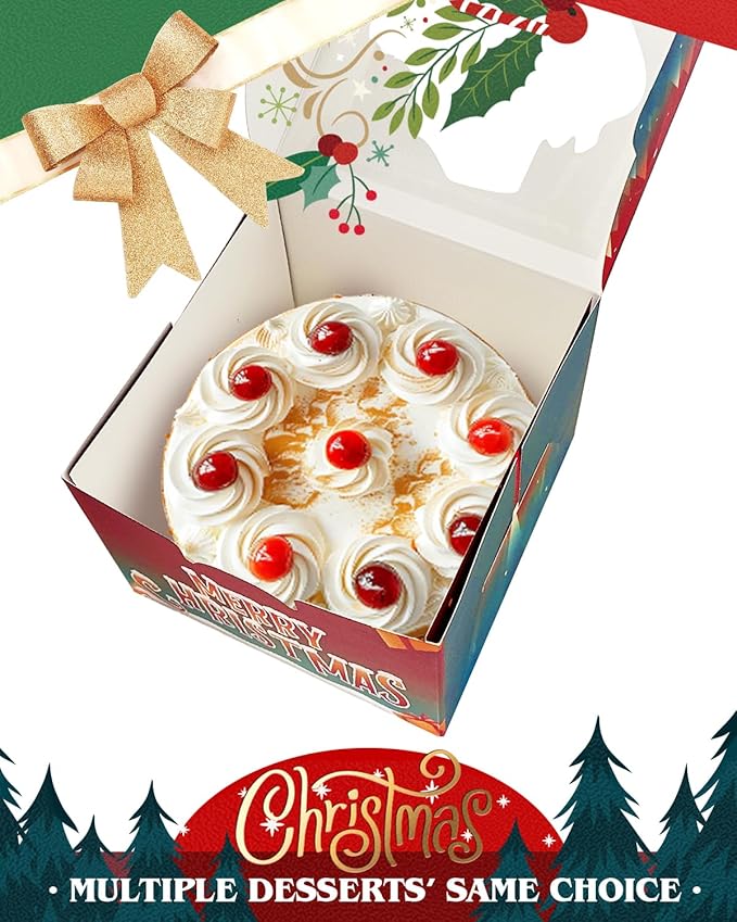 qiqee Christmas 6x6x5 Cake Box, 18 Sets Christmas Cake Box with Window ＆ 18 Sets 6" Christmas Snow House Cake Round Boards, 6inch Cake Containers