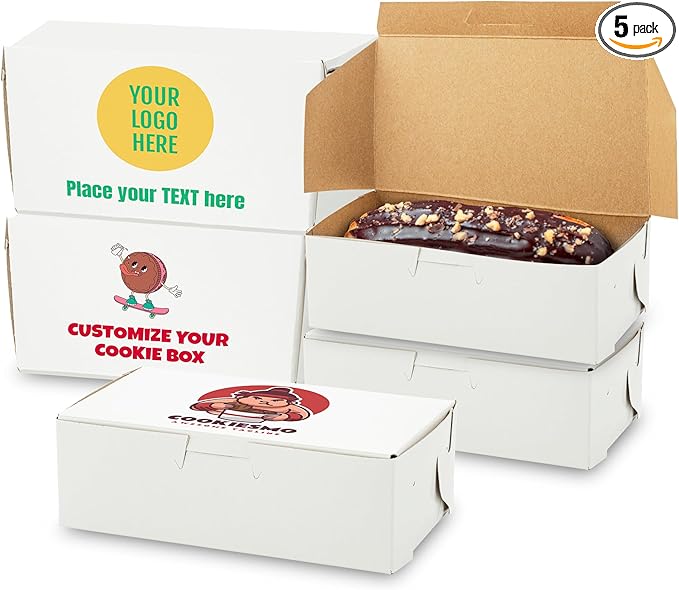 MT Products Custom Printed White Eclair Bakery Boxes - 6.25" x 3.75" x 2.2" Customizable Donut and Cupcake Boxes Printed (Pack of 5) - Made in USA