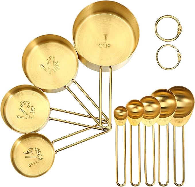 9 Pcs Golden Stainless Steel Measuring Cups and Spoons Set, Stackable & Long Handle, Premium Metal Measuring Cups and Stainless Steel Measuring Spoons Set for Liquid & Dry Ingredients Baking Cooking