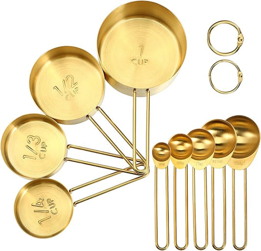 9 Pcs Golden Stainless Steel Measuring Cups and Spoons Set, Stackable & Long Handle, Premium Metal Measuring Cups and Stainless Steel Measuring Spoons Set for Liquid & Dry Ingredients Baking Cooking
