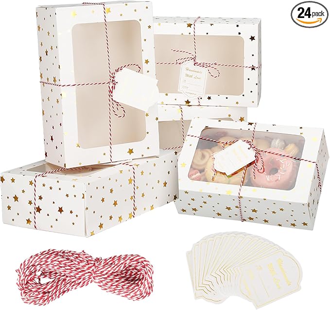 24 Sets Christmas Cookie Boxes with Window Treat and Pastry 9x6x3 Inches Gold Bakery Boxes Container for Gift Giving Christmas Chocolate Covered Strawberries,Donut,Mini Cake Packaging Boxes