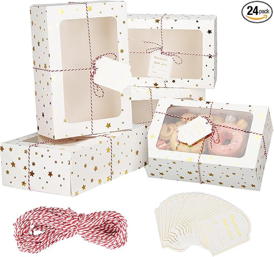 24 Sets Christmas Cookie Boxes with Window Treat and Pastry 9x6x3 Inches Gold Bakery Boxes Container for Gift Giving Christmas Chocolate Covered Strawberries,Donut,Mini Cake Packaging Boxes