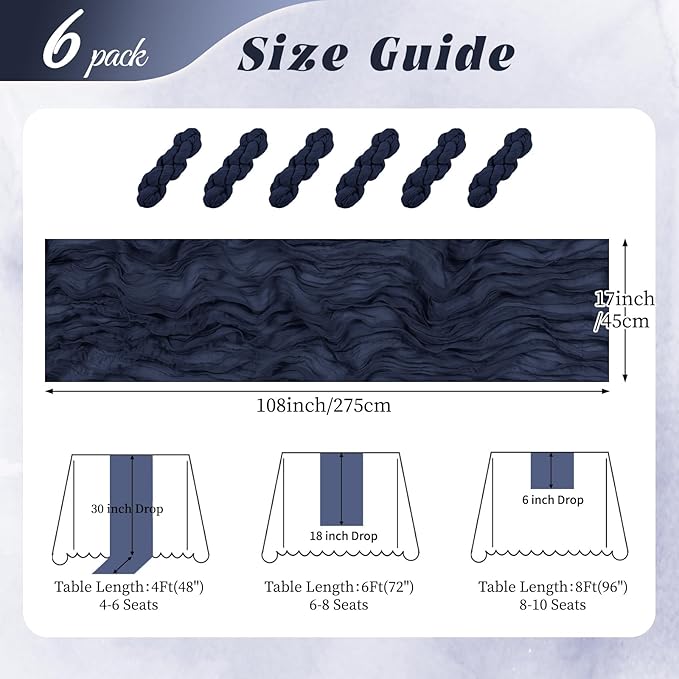 6 Pack Navy Blue Cheesecloth Table Runner 17x108 Inch Semi Sheer Boho Gauze Cheese Cloth Fabric Table Runners, for Wedding Party Baby Shower Birthday Home Decor Garden Farmhouse