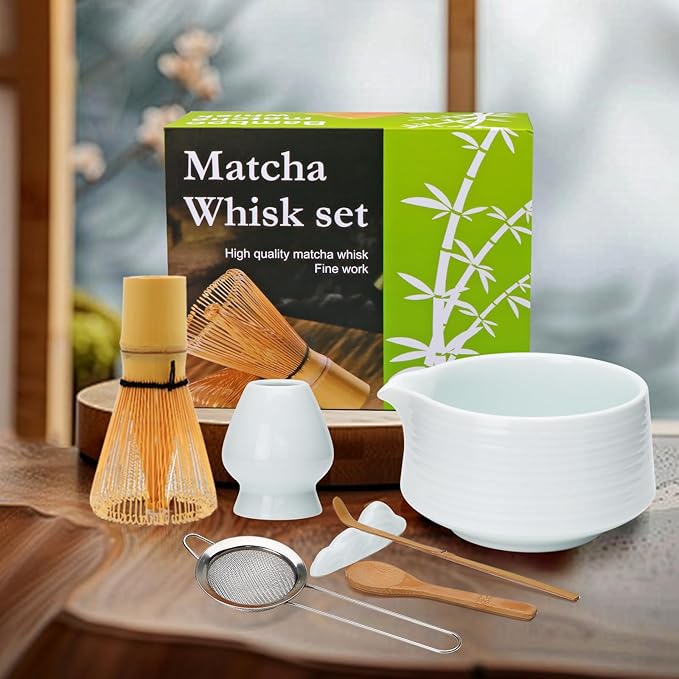 Matcha Whisk Set,7pcs Matcha Set includes Matcha Bowl (19 oz), Bamboo Matcha Whisk and Matcha Scoop, Matcha Whisk Holder, Stainless Steel Sifter, Tea Making Tools, Matcha Kit Gift for Matcha Lovers
