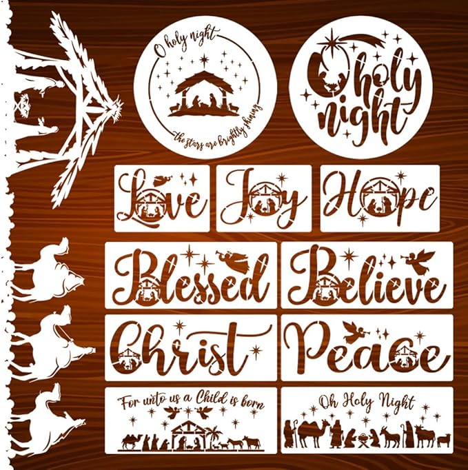 Christmas Stencils for Crafts Reusable Nativity Stencil Christian Jesus Stencils for Painting on Wood for Unto Us/Holy Night/Believe/Blessed Templates