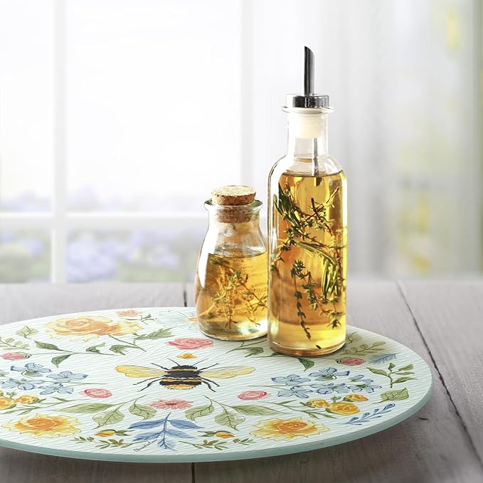 CounterArt Floral Bee 4mm Tempered Glass Lazy Susan Turntable 13" Diameter Condiment Caddy Cake Plate Pizza Server