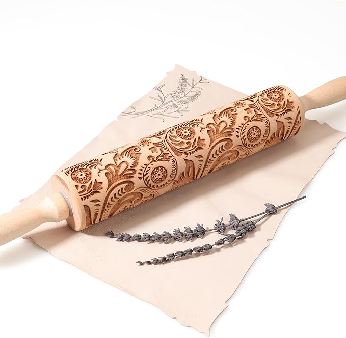 17" Premium Wooden Rolling Pins for Baking with European Embossed Designs | 3mm Deep Springerle Cookie Molds | Christmas Rolling Pin & Baking Gifts for Women | Includes 3-in-1 Cleaning Brush