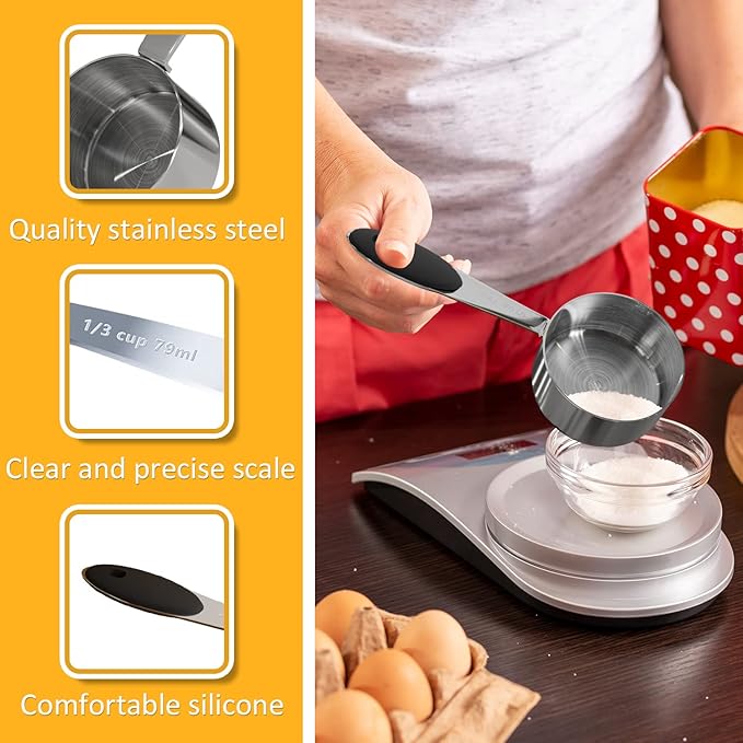 2PCS 1/3Cup (79ml, 2.7oz) Single Measuring Cup with Black Silicone Grip, Stainless Steel Individual Measure Scoop Only