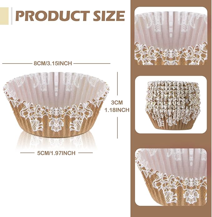 Funtery 300 Pcs Wedding Cupcake Liners Bridal Shower Rustic Lace Cupcake Wrappers Fall Muffin Liners Baking Cups Greaseproof for Baby Shower Christmas Birthday Party Anniversaries Decorations, Brown