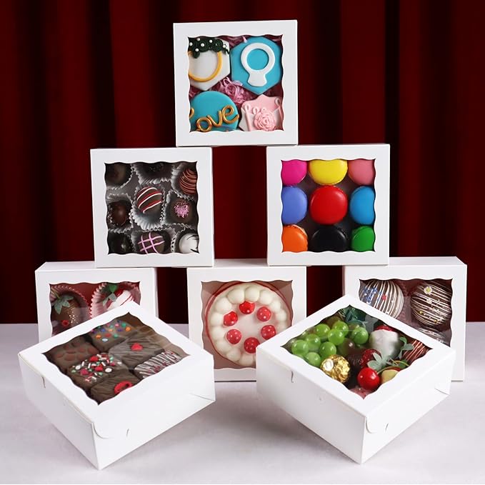 RomanticBaking 20PCS 6x6x2.5 Inches Elegant Bakery Boxes with Window,Ideal for Cookies,Chocolate Covered Strawberries, Cakes, Macarons, Truffles,and More,Easy to Assemble, Transparent Window,