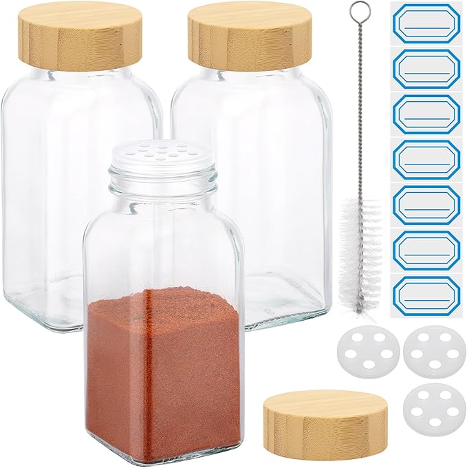 Segarty 6oz Spice Jar with Bamboo Shaker Lids, 3 PCS 180ml Square Spices Jars for Herbs Grains Storage, Empty Glass Large Seasoning Container Set, Clear Salt Pepper Shakers with 7 Stickers and 1 Brush