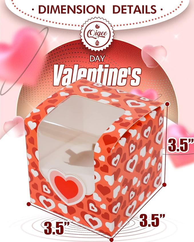 qiqee Valentine Cupcake Boxes Individual 60pcs Auto-Popup 3.5" x 3.5" x 3.5" Single Cupcake Carrier Container for Vanlentine ＆ Party