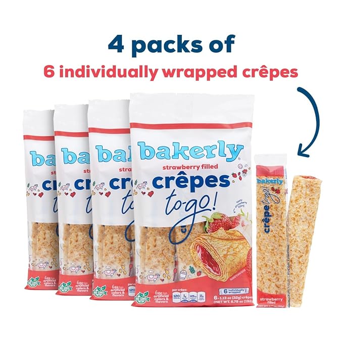 bakerly Strawberry Filled Crepes to go! Non GMO, Free from Artificial Flavors & Colors, Pack of 4, 6-Count (24 Total Crepes)