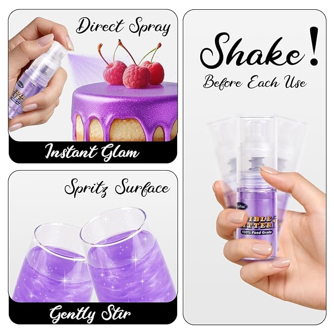 Purple Edible Glitter Spray 5g, Shimmer Edible Glitter for Cocktails, Food Grade Luster Dust for Beverages & Cake Decorating, Drinks, Baking, Chocolate