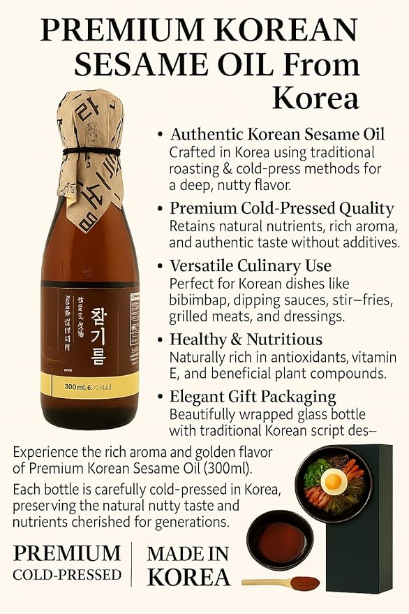 300ml -100% Pure Premium Korean Toasted Sesame Oil – Rich Nutty Flavor, Traditional Korean Style, Perfect for Cooking, Stir-Fry & Dressings (Roasted Sesame Oil) 300ml