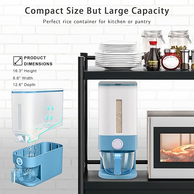 22-25 Lbs Rice Dispenser, Large Cereal Dry Food Storage Containers with Measuring Cup,BPA-Free Household for Kitchen Pantry Organization-Blue