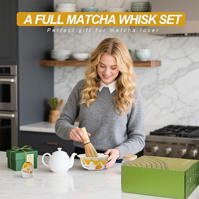 Matcha Whisk Set 7 Pcs Ceramic Matcha Set Includes Matcha Bowl, Matcha Whisk and Holder, Bamboo Scoop, Scoop Rest, Sifter and Tea Towel - Matcha Kit for Matcha Lovers