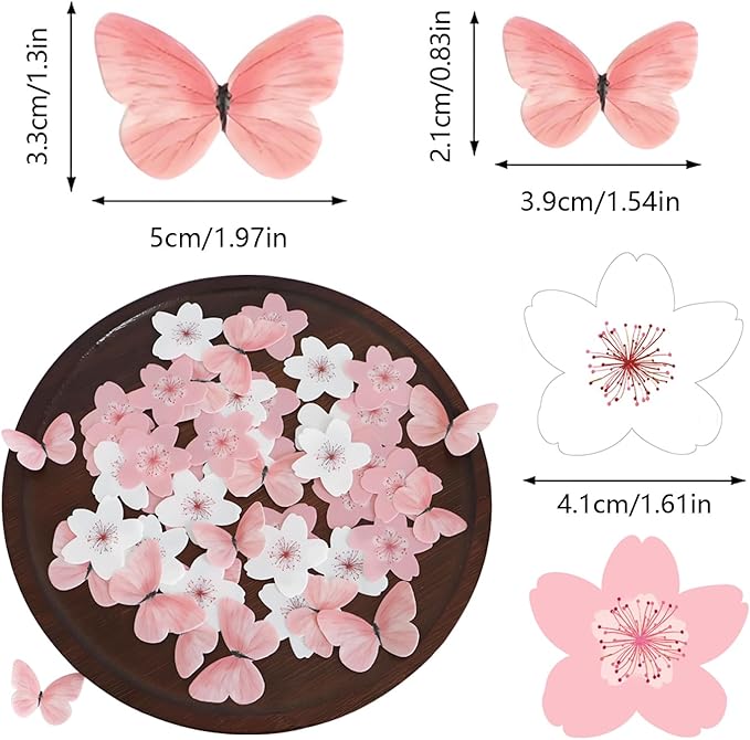 Pink Series Cherry Blossom Butterfly Edible Cake decoration Wedding pink theme Birthday party Wafer paper pink butterfly dessert decoration (Set 5【Mix 104pcs】)