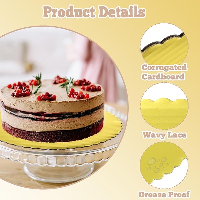 50 Pack 10 Inch Cake Board Gold Cake Cardboard Rounds Disposable Cake Base Scallop Edge Grease Proof Cardboard Circles for Wedding Birthday Cake DIY