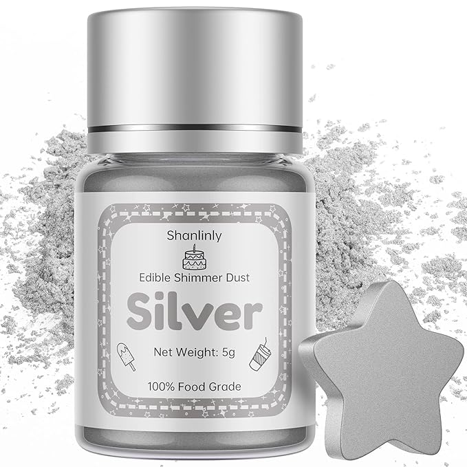 Shanlinly Silver Edible Luster Dust - 5 Grams Food Grade Cake Dust Shimmer Powdered, Edible Metallic Powder Food Coloring for Cake Decorating, Chocolates, Fondant, Drinks, Painting & More, Vegan