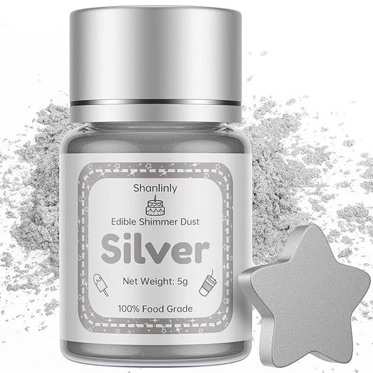 Shanlinly Silver Edible Luster Dust - 5 Grams Food Grade Cake Dust Shimmer Powdered, Edible Metallic Powder Food Coloring for Cake Decorating, Chocolates, Fondant, Drinks, Painting & More, Vegan