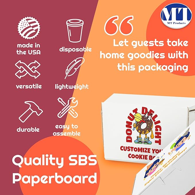 MT Products Custom Printed Bakery Boxes - 8" x 5.5" x 4" White Customizable and Cupcake Boxes with Logo (Pack of 5) - Made in USA