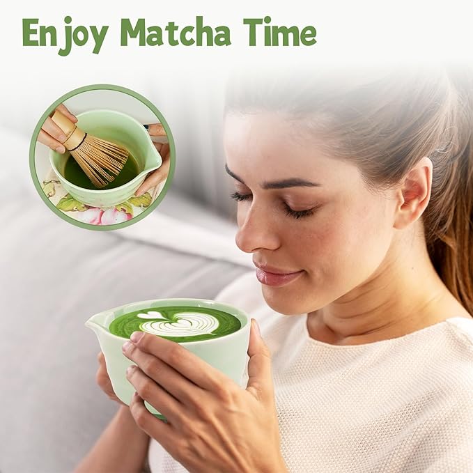 Fantasyon 7 Pcs Matcha Whisk Set Matcha Kit, Includes Bowl with Spout, Bamboo Whisk, Holder, Spoon, Sifter, Stand and Tea Towel for Ceremony Tea Lovers Family Friend Christmas Birthday Gift