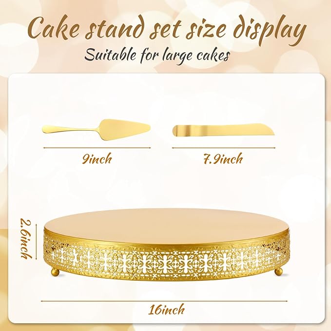 Wenqik Gold Cake Stand, 16 Inch Large Metal Round Cupcake Dessert Stand with Cake Knife and Server Wedding Cupcake Display Holder Cookies Serving Tray for Wedding Birthday Baby Shower Party