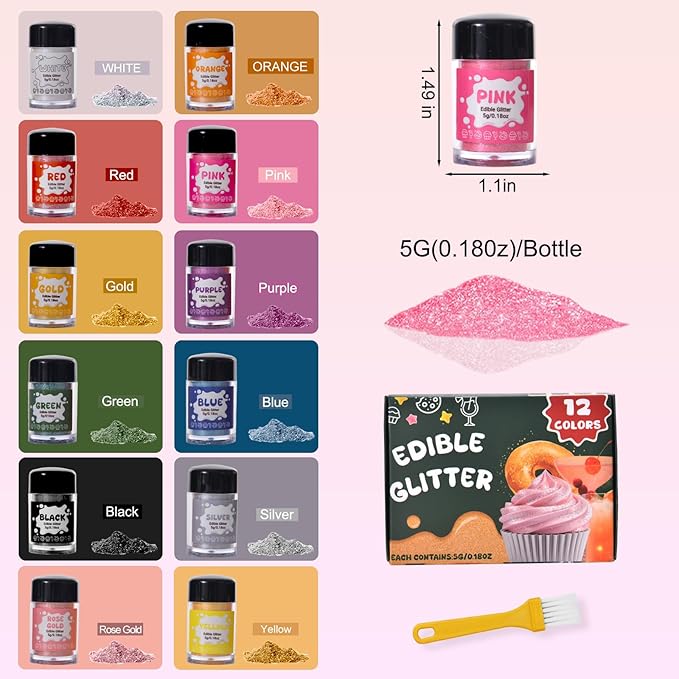 12 Colors Edible Glitter Set for Cocktails - Luster Dust Edible, Food Grade Shimmer Sprinkle Powder for Cakes, Drinks, Wines, Beer, Candy, Cookie, Chocolate, Fondant, Vegan Decoration (5g/Bottle)