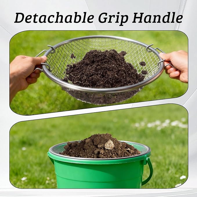 2PCS Soil Sifter for Gardening, 3mm + 6mm Mesh Compost Sifter with Detachable Handle for 5 Gallon Buckets Garden Sieve Sifters for Dirt Rocks Pellet Gravel Sand
